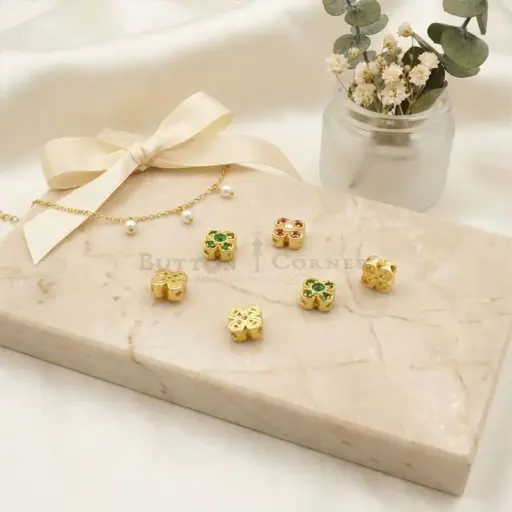 Four-Leaf Clover Design Button With Stones