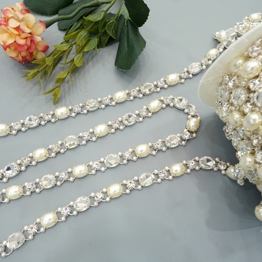 [H102 CRYSTAL WHT] Trendy Pearl Rhinestone Fancy Chain