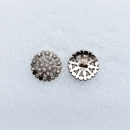 [74186 NONTOXIC WHT] Silver Tone Floral Pearl Rhinestone Button