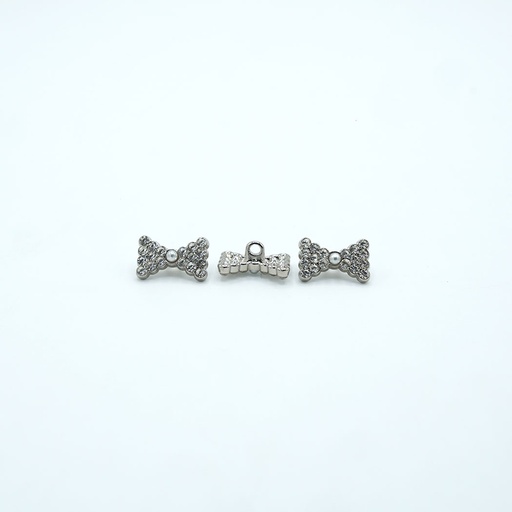 [73104 NONTOXIC WHT] Silver Base Pearl Rhinestone Bow Tie Button