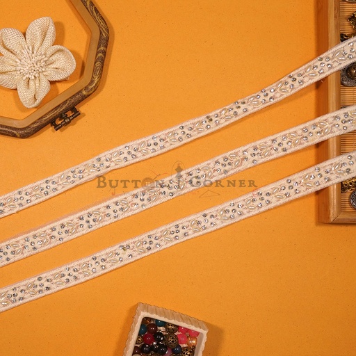 [EML455 OFF WHITE] Embroidery Net Lace With Pearl & Crystal