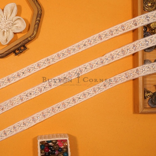 [EML458 OFF WHITE] Embroidery Net Lace With Pearl & Crystal