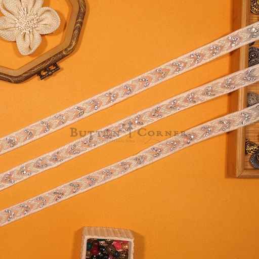 [EML459 OFF WHITE] Embroidery Net Lace With Pearl & Crystal
