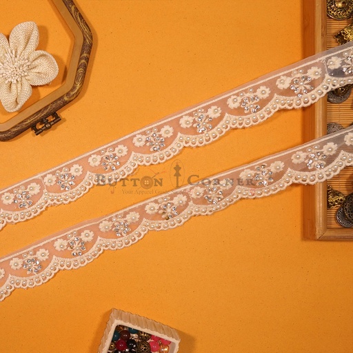[EML460 OFF WHITE] Embroidery Net Lace With Pearl & Crystal