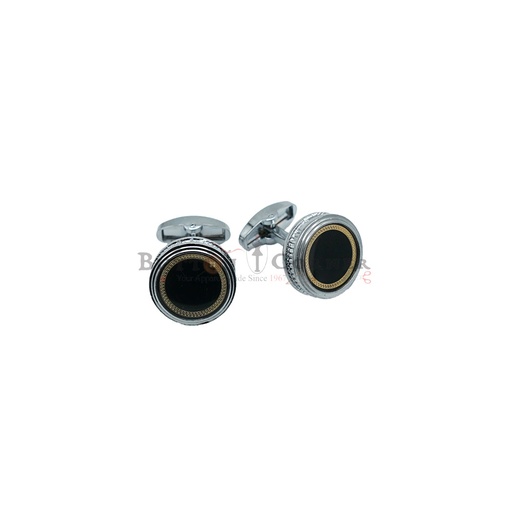 [CF360-8 BLK NONTOXIC WHT] Decorative Border Onyx Round Cufflink