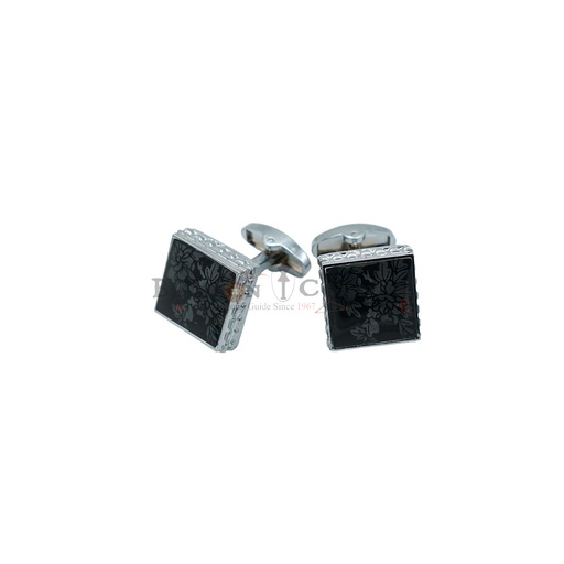 [CF360-9 BLK NONTOXIC WHT] Flower Design Black Onyx Square Cufflink