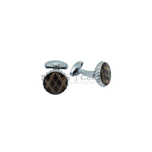 [CF360-11 NONTOXIC WHT] Plaid Pattern Border Design Round Cufflink