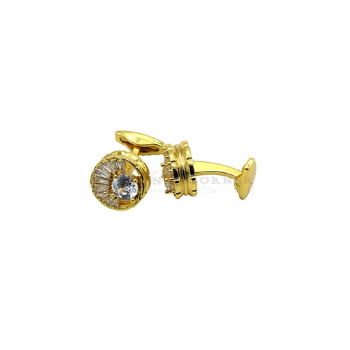 [CF810-2 CRYSTAL WHT] Gold Plated Baguette Cut Stone Round Cufflink