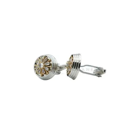 [CF800-1 CRYSTAL WHT] Wheel Spoke Pattern Bagutte Cut Stone Cufflink