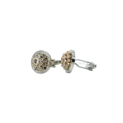 [CF800-4 CRYSTAL WHT] Flower Design Bugette Cut Stone Cufflink