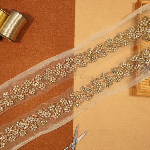 [FANL1605 GOLD] Fancy Pearl&Crystal Naqshi Lace