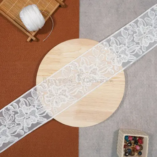 [FANL1666 WHITE] Fancy Glass Beads Sequence Lace