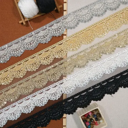 Metallic Yarn Glass Beads Sequence Lace