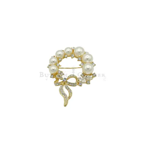 [2160 GOLD] Faux Pearl & Rhinestones Wreath Brooch