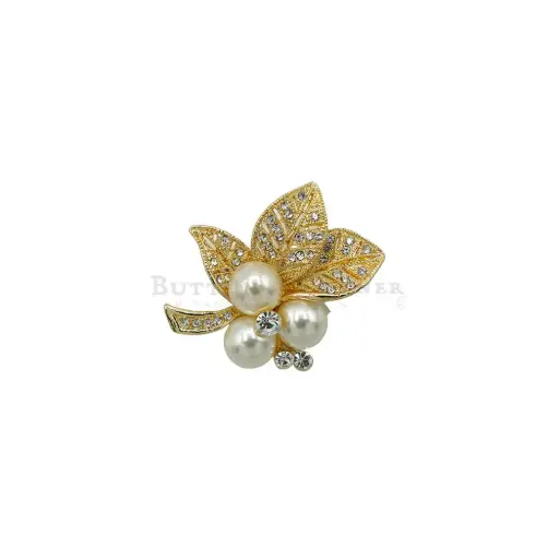 [8001 GOLD] Gold Base Crystals & Pearl Leaf Shape Brooch