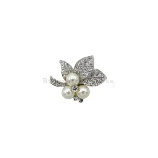 [8001 NONTOXIC WHT] Silver Base Crystals & Pearl Leaf Shape Brooch