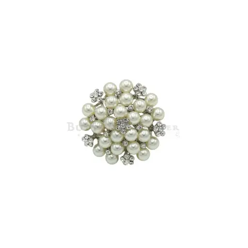 [7950 NONTOXIC WHT] Silver Base Elegant Pearl Floral Crystal Brooch