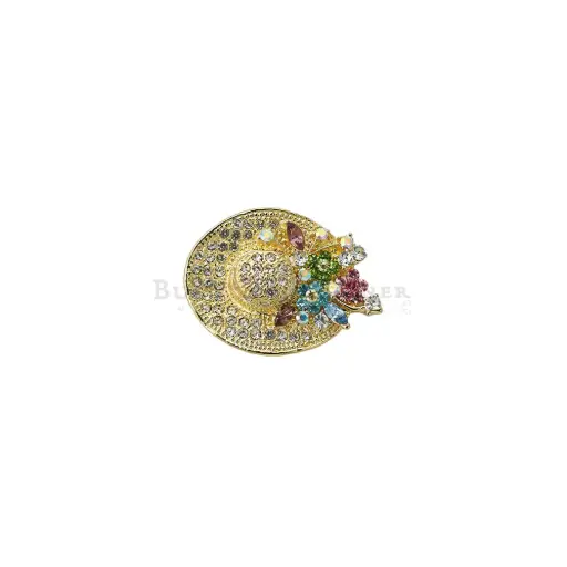 [0969 GOLD] Gold Tone Colorful Rhinestone Lady Hat Brooch