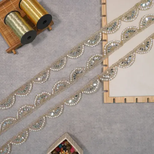 [FANL1678 GOLD] Metallic Yarn Fancy Lace With Pearl & Mirror
