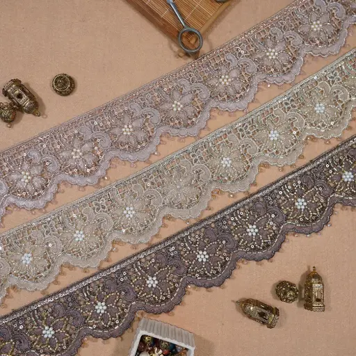 Fancy Metallic Yarn Glass Beads Lace