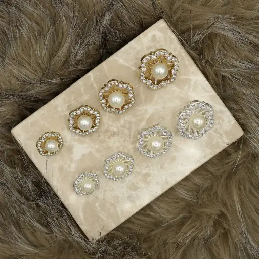Faux Pearl Rhinestone Floral Shank Button