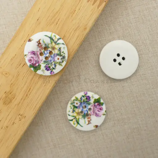 [WBP198-36L] Vintage Floral Print 4 Hole Wooden Button