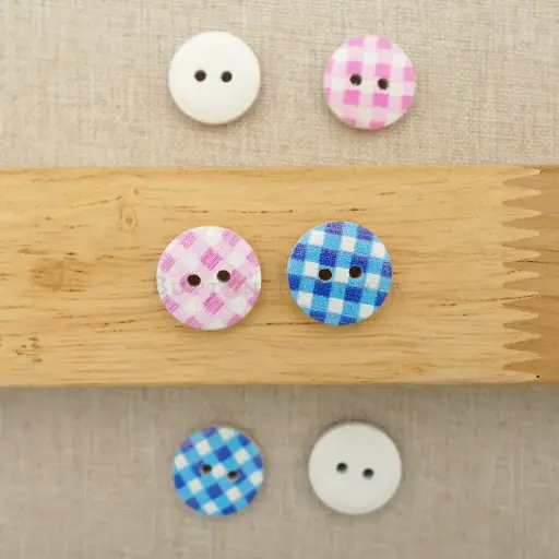 White Base Check Print 2 Hole Wooden Button