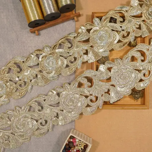 Flower Design Metallic Yarn Sequence Lace