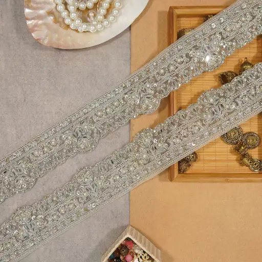 [FANL1732 CHANDI SILVER] Metallic Yarn, Pearl, Crystal, Mirror Lace