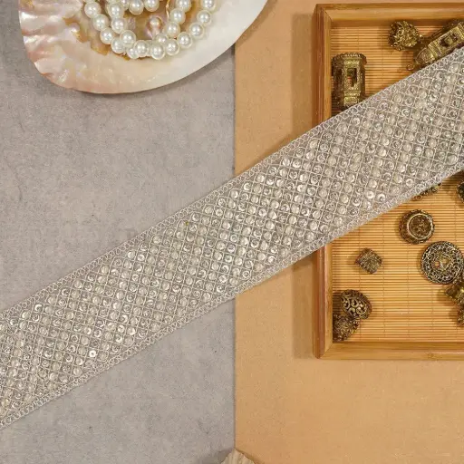 [FANL1734 GOLD] Metallic Yarn, Pearl, Stone, Fancy Lace