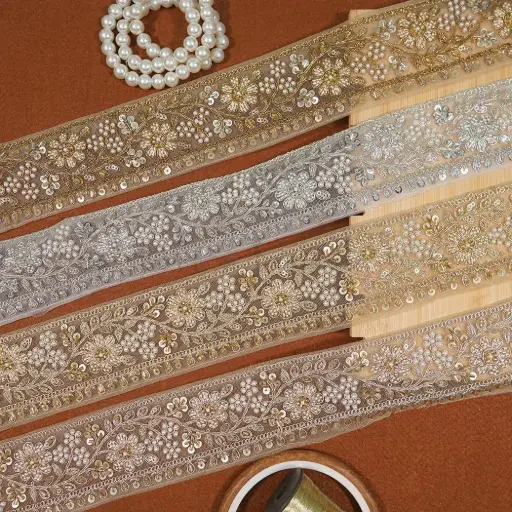 Fancy Metallic Yarn, Glass Beads, Sequence Lace