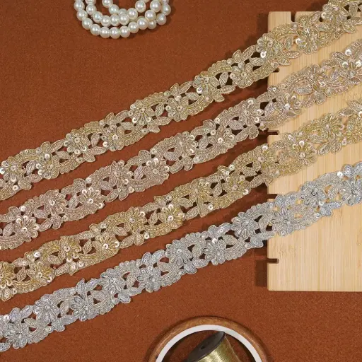 Fancy Metallic Yarn, Glass Beads, Sequence Lace