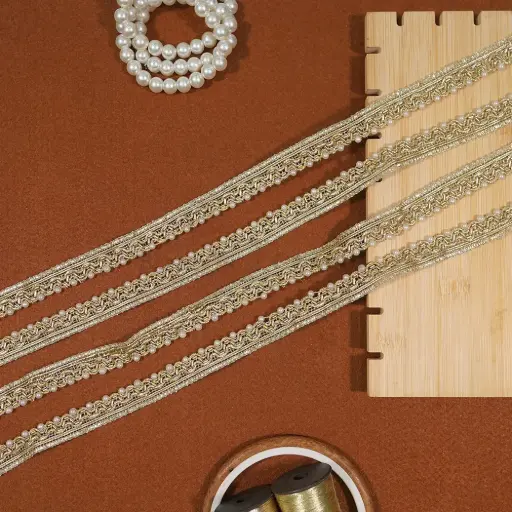 [FANL1751 GOLD] Fancy Metallic Yarn, Glass Beads, Pearl Lace