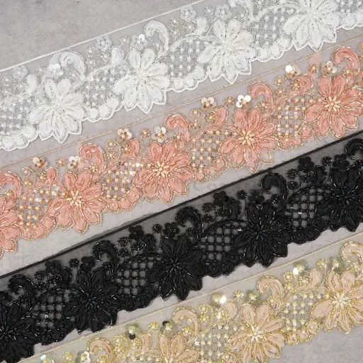 Glass Beads, Sequence Lace In Organza Fabric