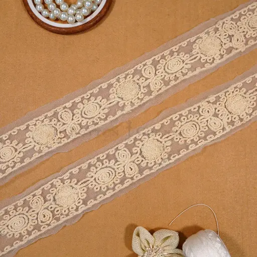 [NL228 BEIGE] Cord Embroidered Net Lace
