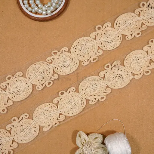 [NL229 BEIGE] Cord Embroidered Net Lace