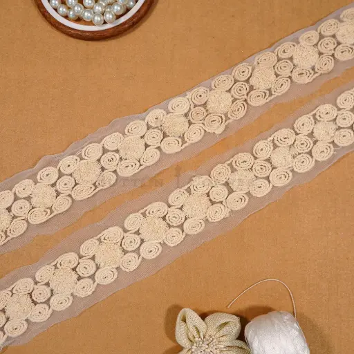 [NL230 BEIGE] Cord Embroidered Net Lace