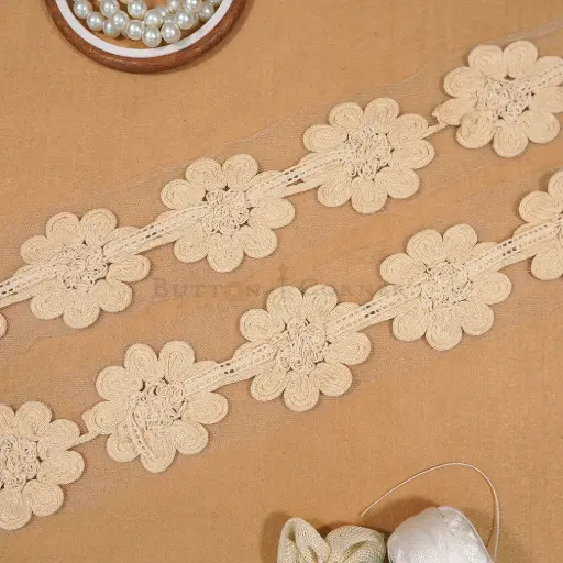 [NL232 BEIGE] Flower Design Cord Embroidered Net Lace