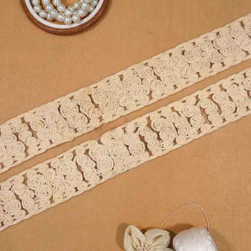 [NL233 BEIGE] Cord Embroidered Net Lace