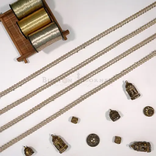 [FANL1767 GOLD] Metallic Yarn, Plastic Glass Beads, Fancy Lace