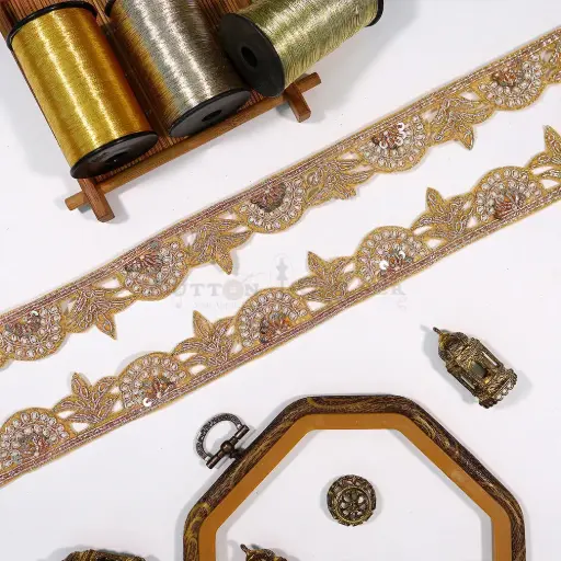 [FANL1771 WHITE GOLD] Scallup Design, Pearl, Sequence, Dabka Lace