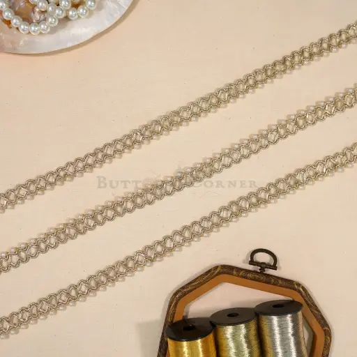 [FANL1782 GOLD] Zigzag Design Metallic Yarn, Pearl, Gota Lace