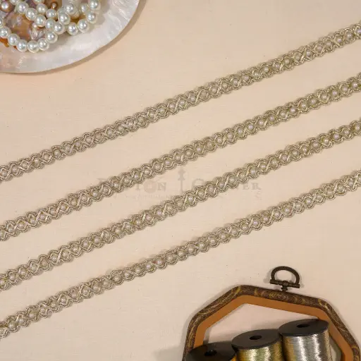 [FANL1786 GOLD] Zigzag Design Metallic Yarn, Pearl, Gota Lace