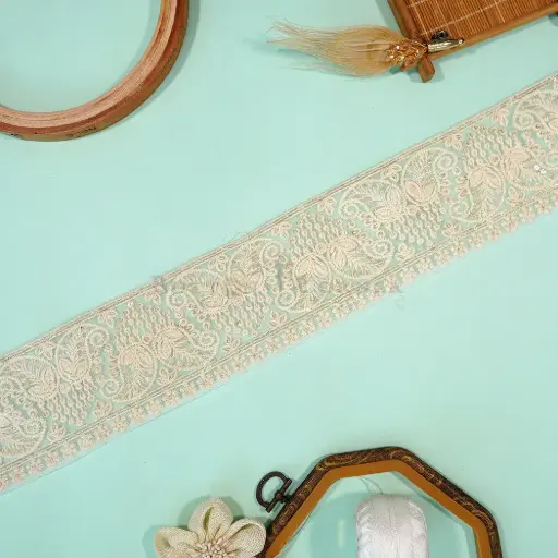 [EML473/3391 OFF WHT GOLD] Embroidery Thread, Metallic Yarn, Sequence, Net Lace