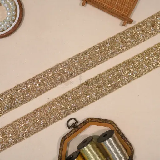 [FANL1794/0872 GOLD] Metallic Yarn, Glass Beads, Pearl, Sequence Lace