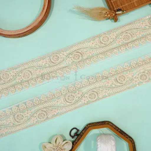 [EML481/3390 OFF WHT GOLD] Embroidery Thread, Metallic Yarn, Sequence, Net Lace