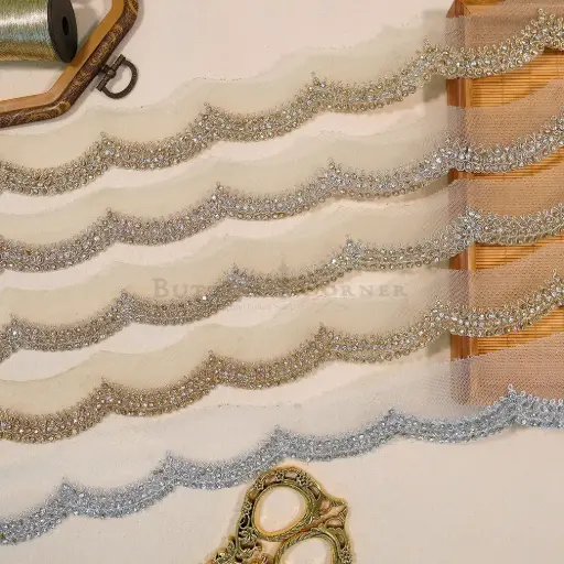 Metallic Yarn, Crystals, Net Lace