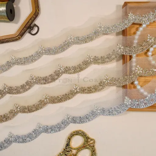 Metallic Yarn, Crystals, Pearl, Net Lace