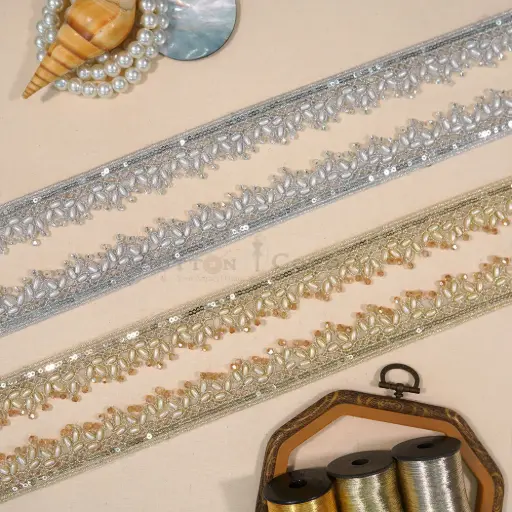 Metallic Yarn, Glass Beads, Pearl, Sequence Lace