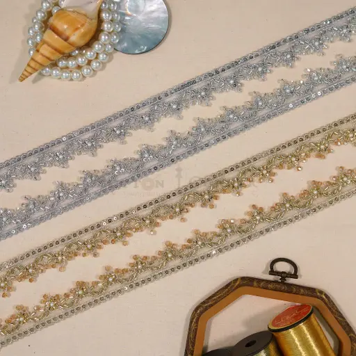 Metallic Yarn, Glass Beads, Pearl, Sequence Lace